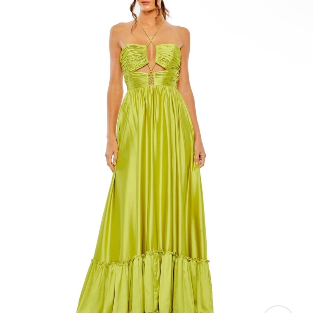 RUCHED TIERED CRISS CROSS SPAGHETTI STRAP GOWN. Style # 68486